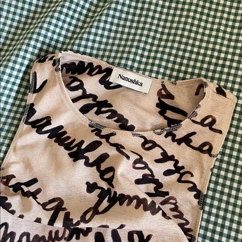 Nanushka Fifi Script Print Tank Top in Beige and Black